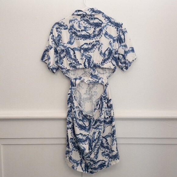 Mahina Blue Leaf Linen Blend Cutout Midi Dress Collar Button Size M - Picture 2 of 4